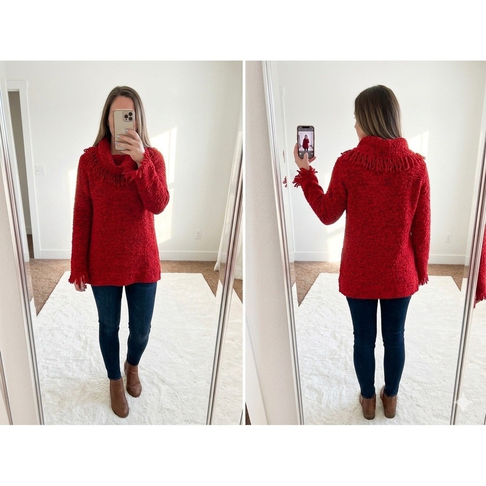 Ali Miles Womens‎ Red Fringe Cowl Neck Textured Knit Sweater S Pullover Boho